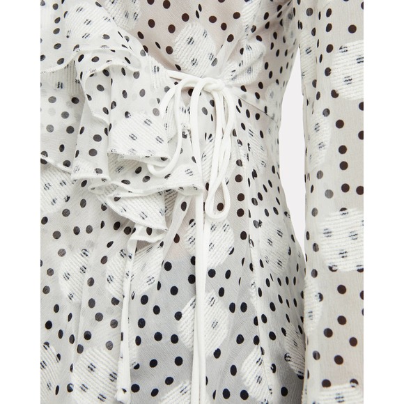 SALONI Iman Silk Wrap Blouse White Black Polka Dot Ruffles Sheer Contemporary - Picture 5 of 16